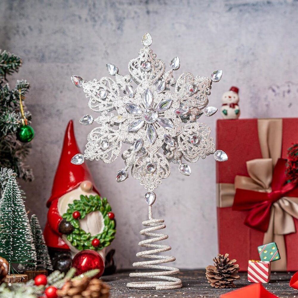 Tree Topper Metal Silver Star Snowflake Treetop Festive Party Home Xmas, Kali